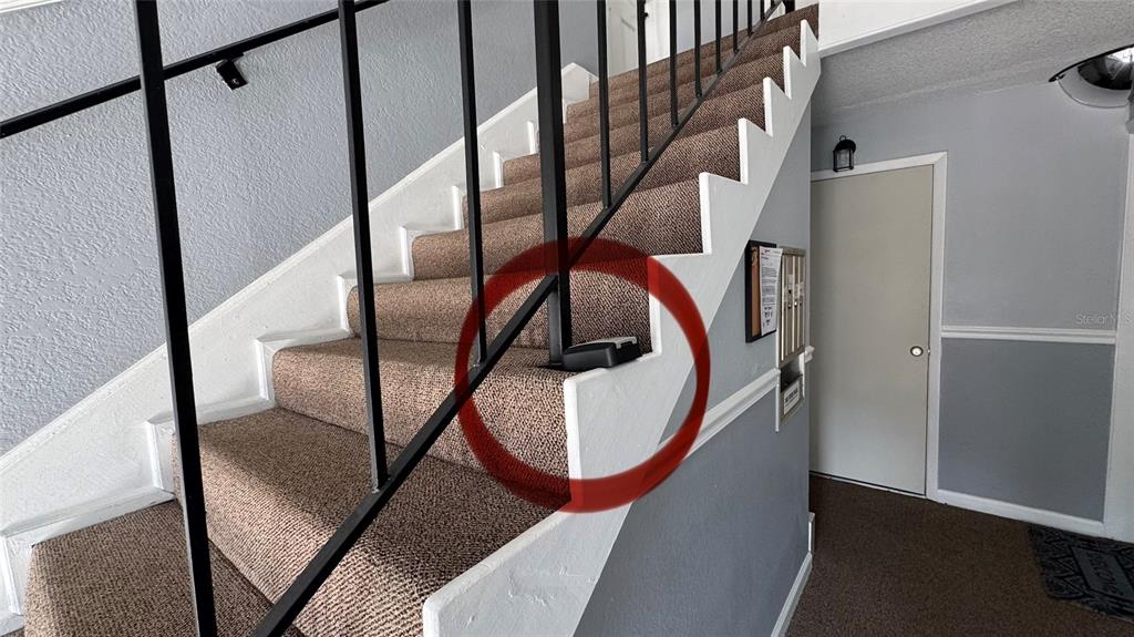 A carpeted staircase with a black metal railing and a small lockbox on a step — 205 LEWFIELD CIRCLE UNIT 205, WINTER PARK, FL