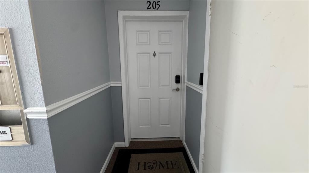 A white apartment door labeled 205 is set in a gray hallway with a doormat — 205 LEWFIELD CIRCLE UNIT 205, WINTER PARK, FL