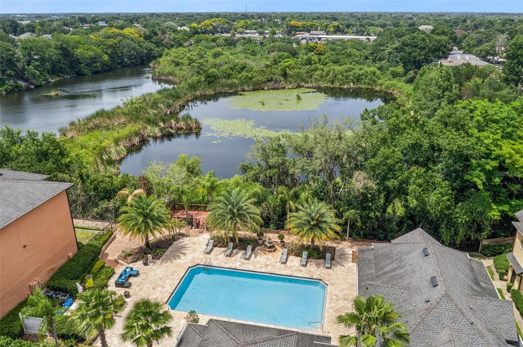 An aerial view shows a swimming pool and patio overlooking a pond and dense trees — 5959 WESTGATE DRIVE UNIT 1527, ORLANDO, FL