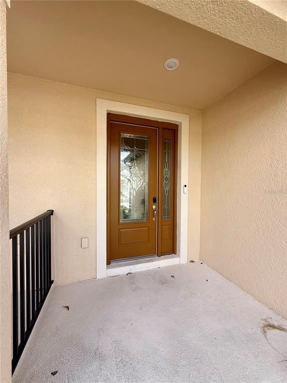 A covered entryway features a brown front door with glass panels and a black railing — 11357 CAY SPRUCE WAY, SAN ANTONIO, FL