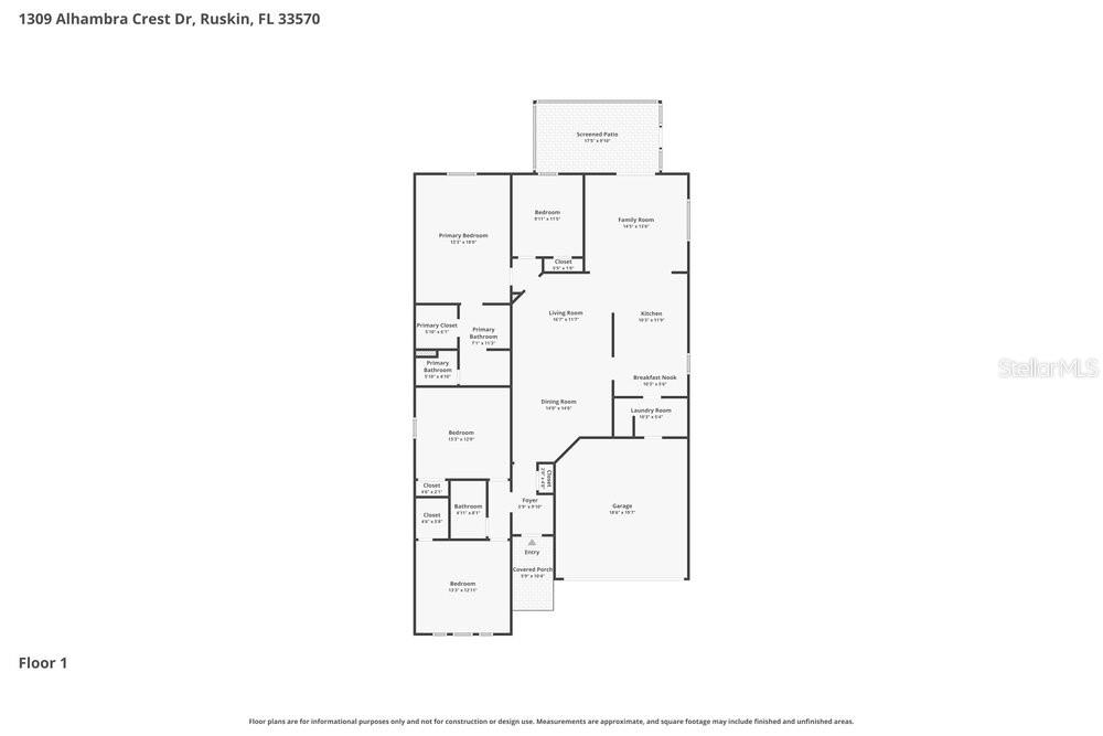 This is a floor plan for a single-story residential home with a garage and patio — 1309 ALHAMBRA CREST DRIVE, RUSKIN, FL