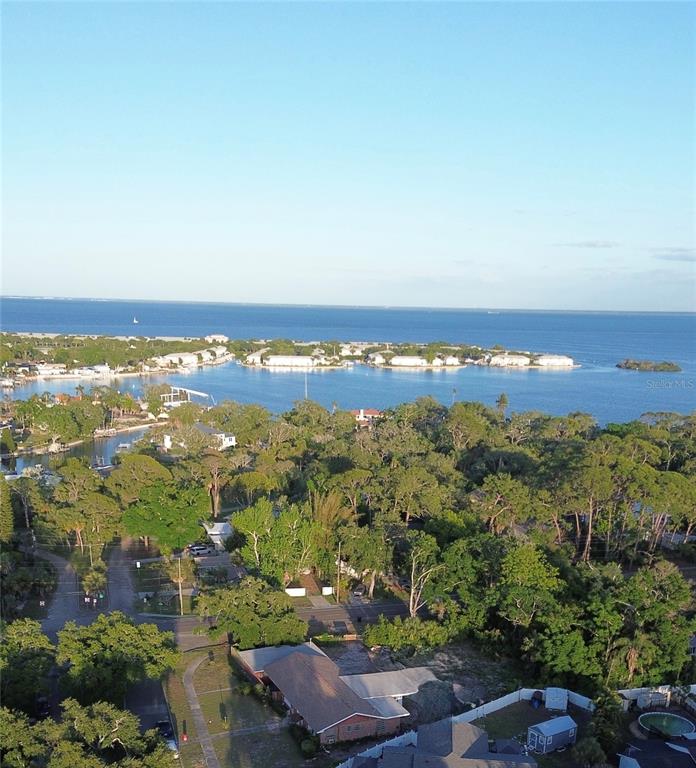 An aerial view shows a coastal neighborhood with dense trees, houses, and a large bay — 400 LAKE MAGGIORE BOULEVARD S, ST PETERSBURG, FL