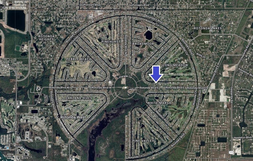 An aerial map view showing the circular street layout of the Rotonda West community — 188 LONG MEADOW LANE, ROTONDA WEST, FL