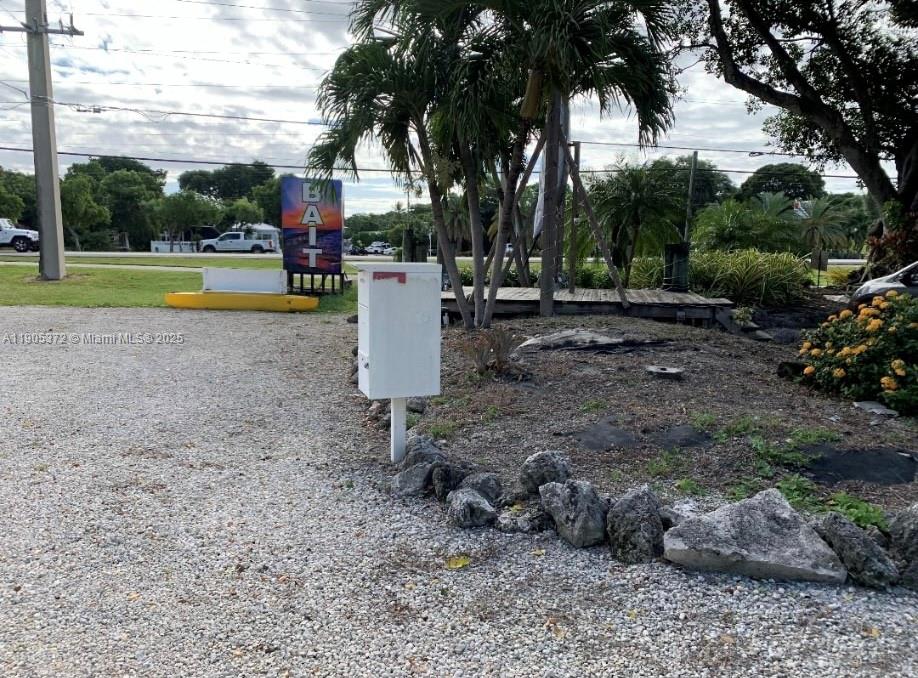 A gravel driveway leads to a white mailbox, palm trees, and a bait shop sign — 102970 Overseas Hwy, Key Largo FL 33037, KEY LARGO, FL