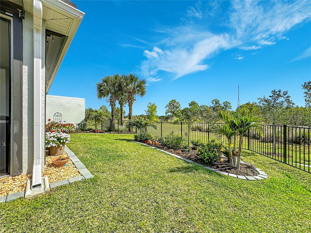 A backyard features a manicured lawn, a curved garden bed, and a black metal fence — 18604 DAYSPRING PLACE, VENICE, FL