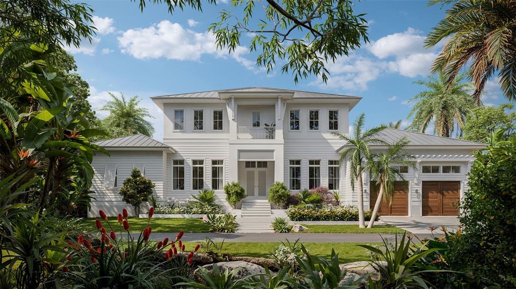 This is a rendering of a two-story white house with a metal roof and landscaping — 3820 FLAMINGO AVENUE, SARASOTA, FL
