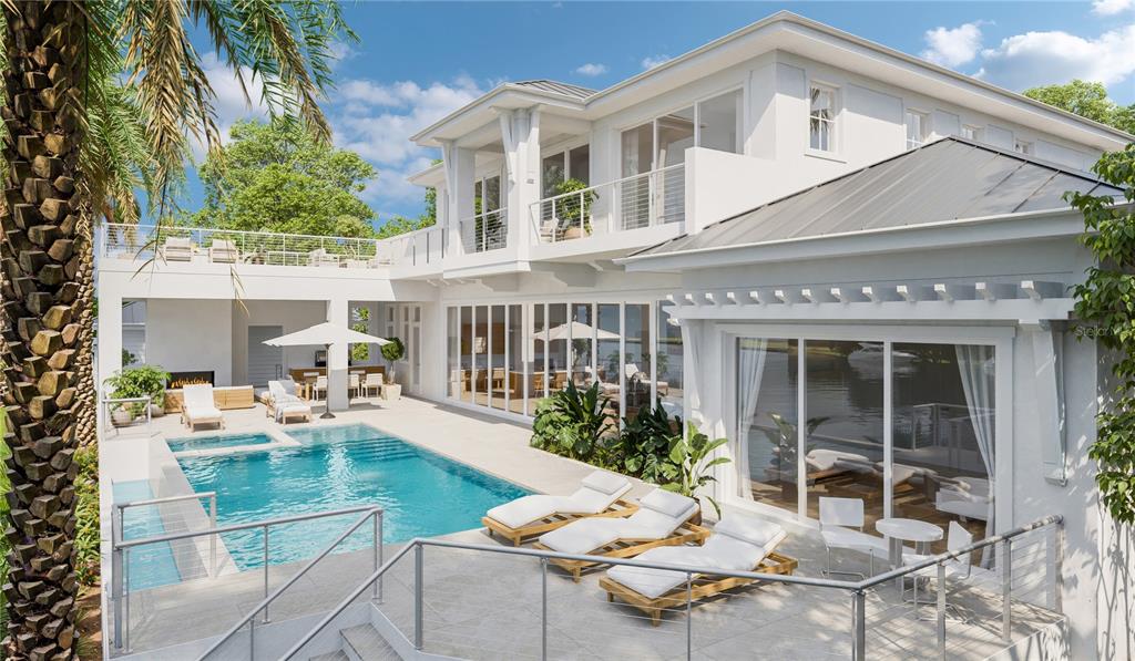 This is a rendering of a modern waterfront home featuring a pool, patio, and balcony — 3820 FLAMINGO AVENUE, SARASOTA, FL