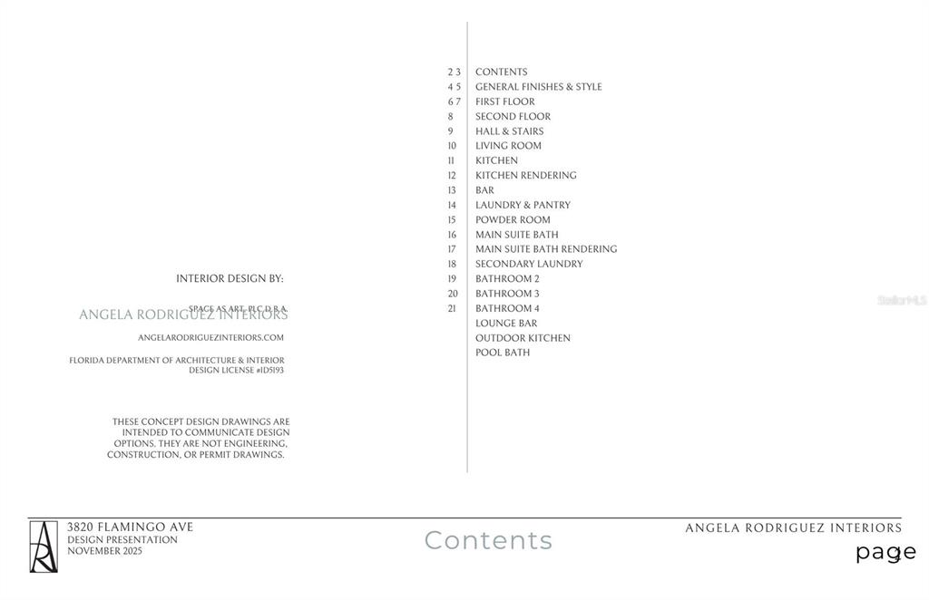 This image is a table of contents page for an interior design presentation — 3820 FLAMINGO AVENUE, SARASOTA, FL