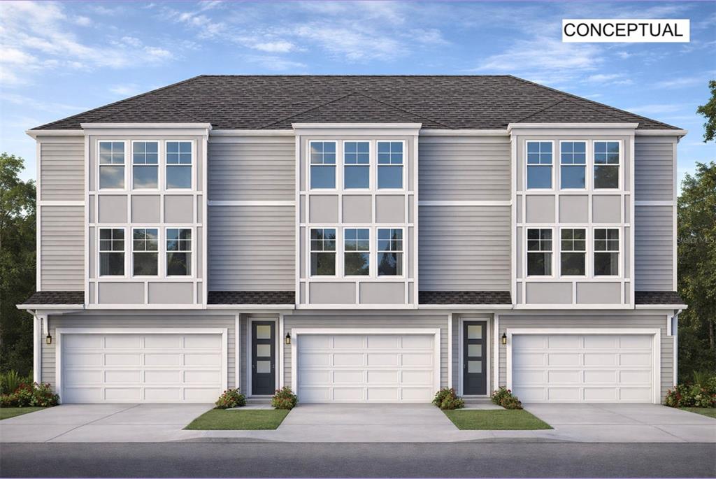 A digital rendering of a three-unit townhouse building with gray siding and attached garages — 3206 N TAMPA STREET, TAMPA, FL