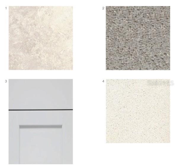 This image displays a collage of four interior design material samples, including flooring, carpet, and cabinetry — 5446 CROWN POINT ROAD, KISSIMMEE, FL