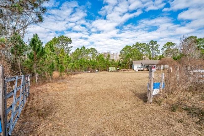 A dirt driveway leads toward a house surrounded by trees under a cloudy blue sky — 11535 MATTIODA ROAD, GROVELAND, FL