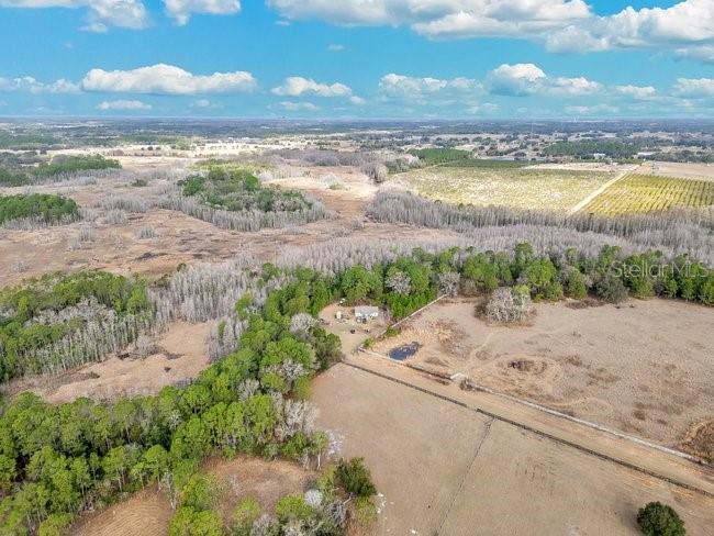 An aerial view shows a house surrounded by trees, fields, and a small pond — 11535 MATTIODA ROAD, GROVELAND, FL