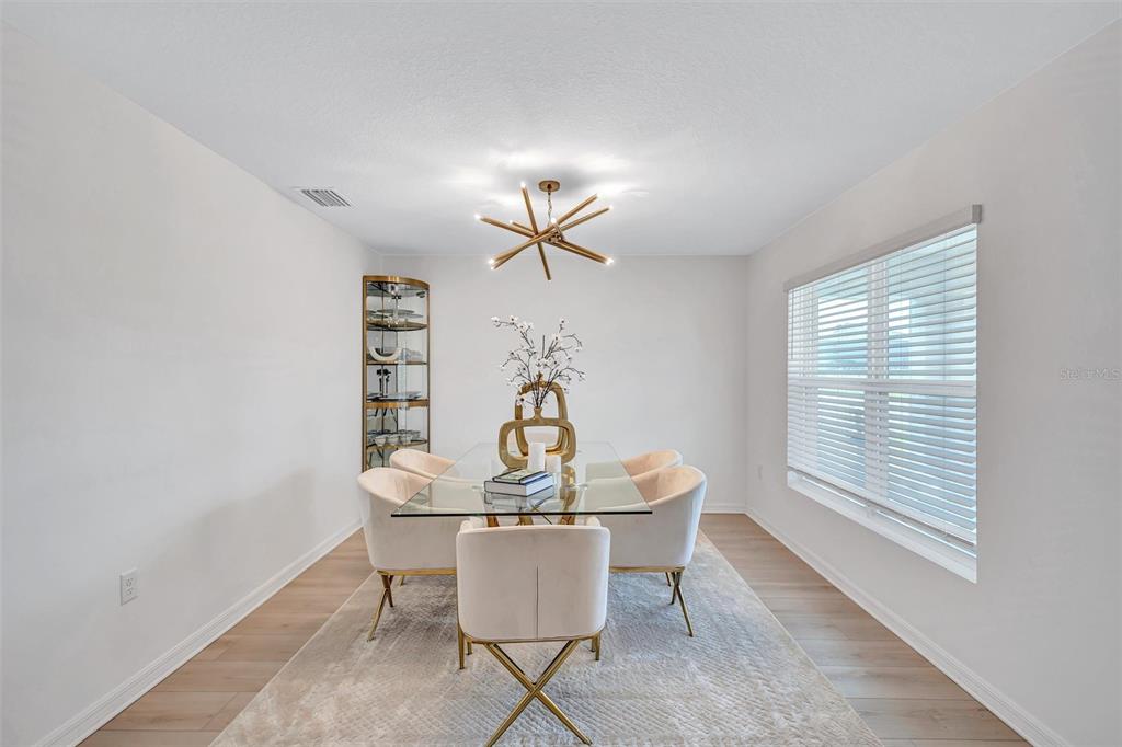 A dining room features a glass-topped table, upholstered chairs, a gold chandelier, and a curio cabinet — 7601 ROSEWOOD GARDEN LOOP, TAMPA, FL