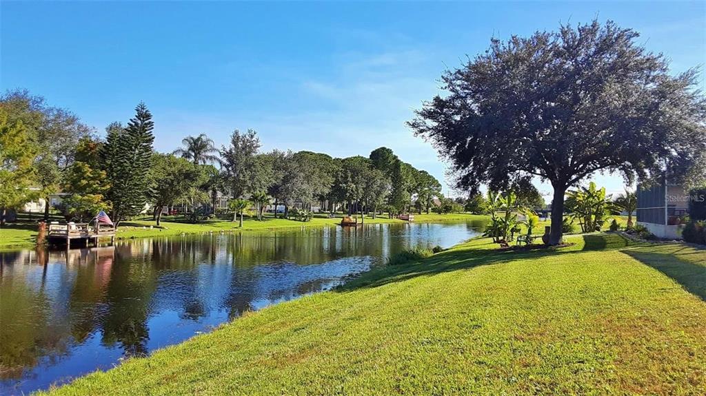 A grassy lawn slopes down to a pond surrounded by trees and residential homes — 845 ROTONDA CIRCLE, ROTONDA WEST, FL