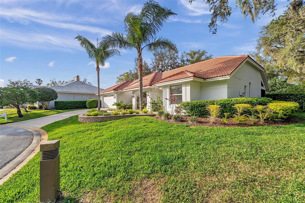 A single-story house with a red tile roof, palm trees, and a landscaped front yard — 5473 BLUE HERON LANE, WESLEY CHAPEL, FL