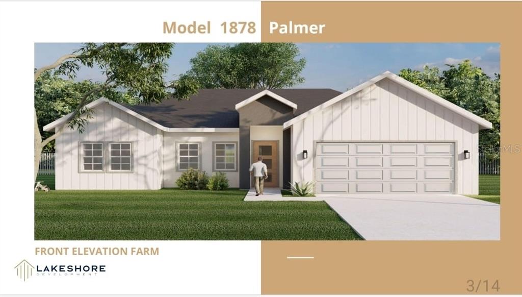 A rendering of a single-story farmhouse-style home with white vertical siding and a two-car garage — 1801 W G MARTINELLI BLVD, CITRUS SPRINGS, FL