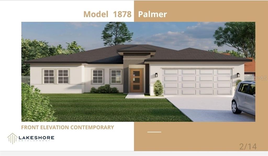 A digital rendering of a contemporary single-story house with a two-car garage and light exterior — 1801 W G MARTINELLI BLVD, CITRUS SPRINGS, FL