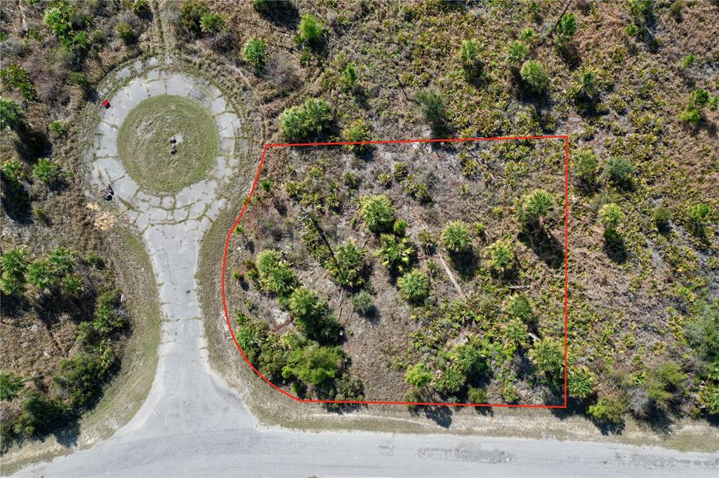 An aerial view shows a vacant, wooded lot outlined in red next to a cul-de-sac — WILD COURT, NORTH PORT, FL