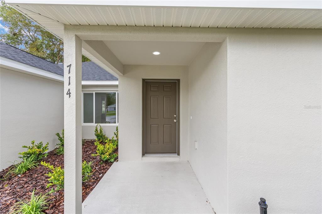 A covered concrete entryway leads to a brown front door with a house number visible — 20 MALAUKA COURSE, OCKLAWAHA, FL