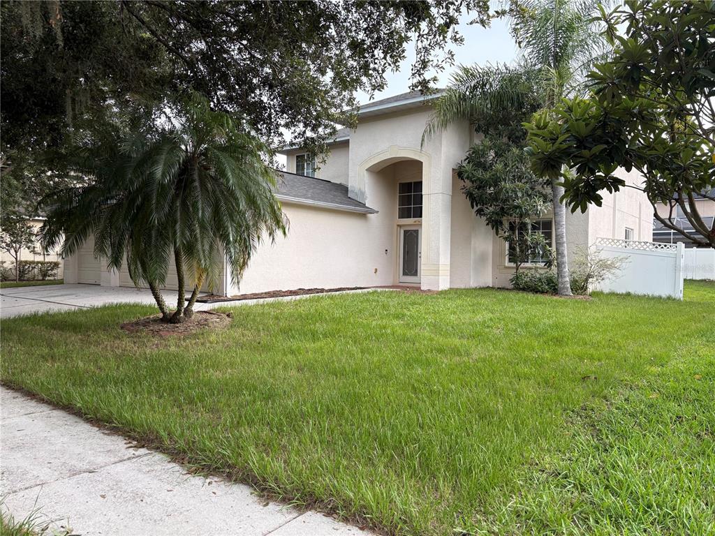 A two-story stucco house with a palm tree in the front yard — 2830 PANKAW LANE, VALRICO, FL
