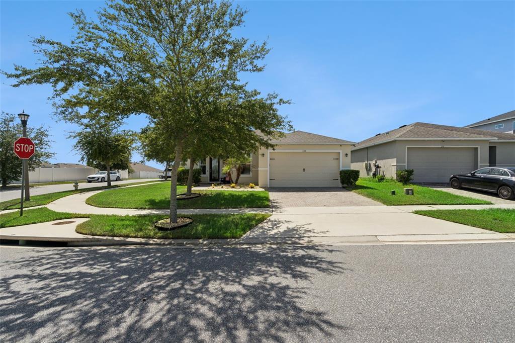 A single-story suburban house with a two-car garage and a large tree in front — 253 SPARROW HAWK DRIVE, GROVELAND, FL