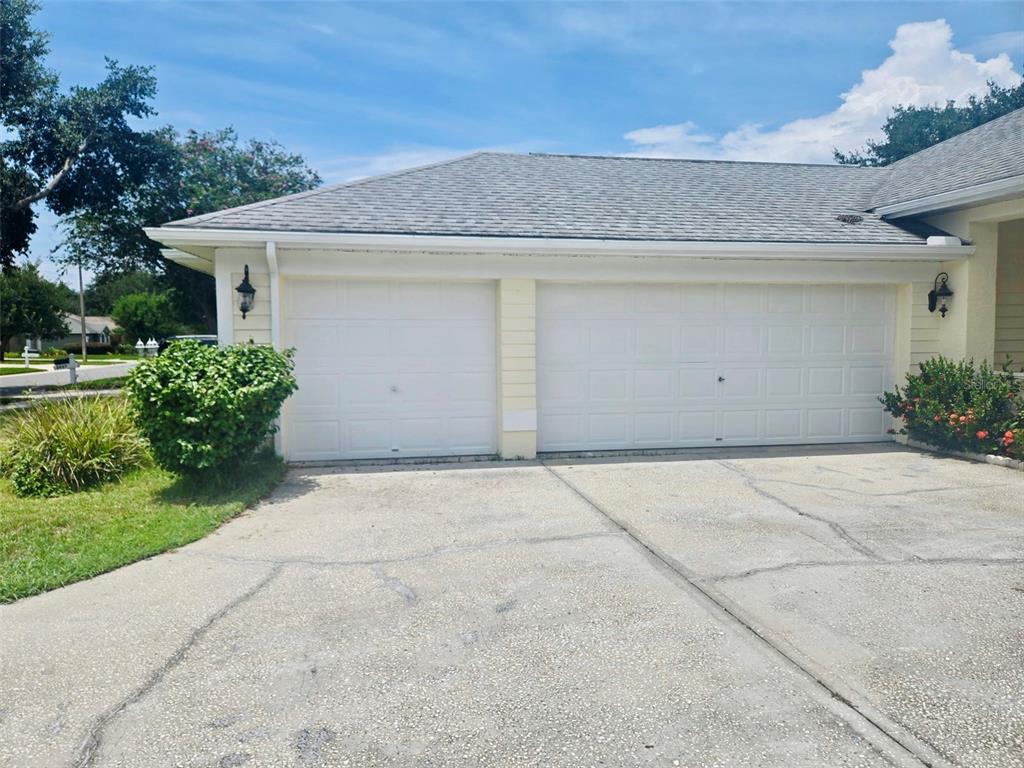 A two-car garage with white paneled doors and a concrete driveway in front — 3029 MINUTEMAN LANE, BRANDON, FL