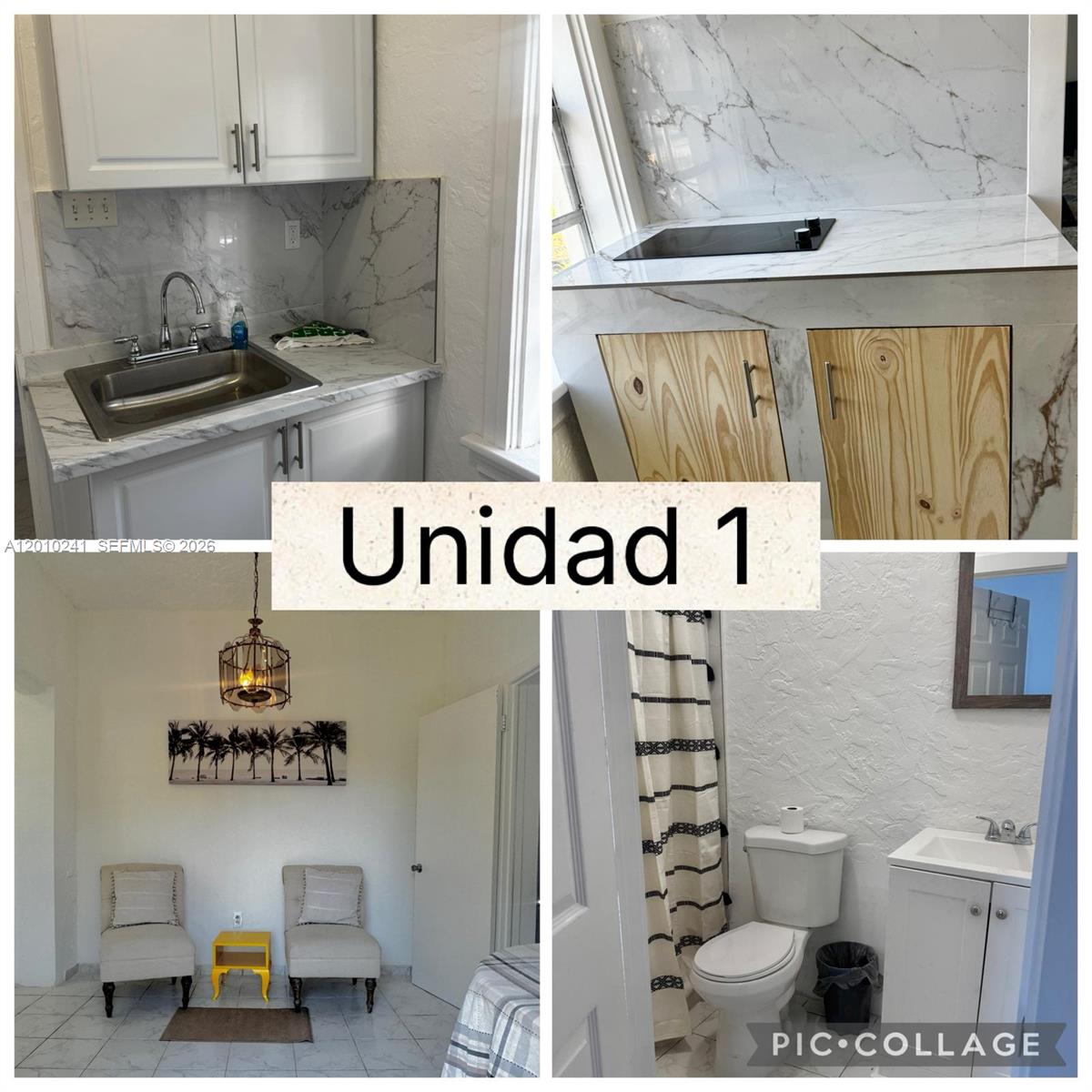 This collage shows a small kitchen area, a stovetop, a living space, and a bathroom — 5629 SW 7th St, Miami FL 33134, MIAMI, FL