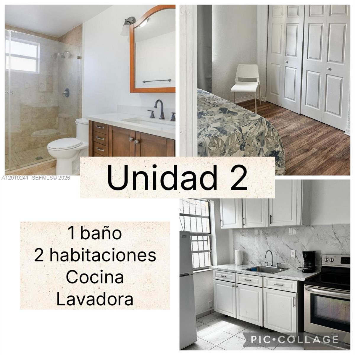 A collage shows a bathroom with a glass shower, a bedroom, and a white kitchen — 5629 SW 7th St, Miami FL 33134, MIAMI, FL