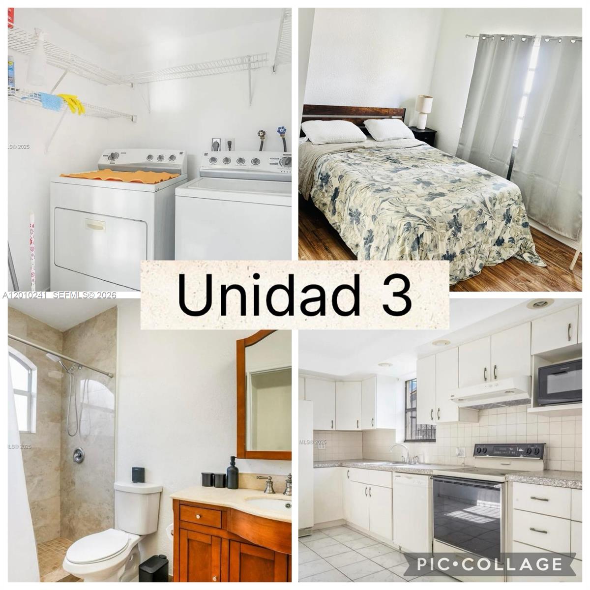 A collage showing a laundry area, a bedroom, a bathroom, and a white kitchen — 5629 SW 7th St, Miami FL 33134, MIAMI, FL