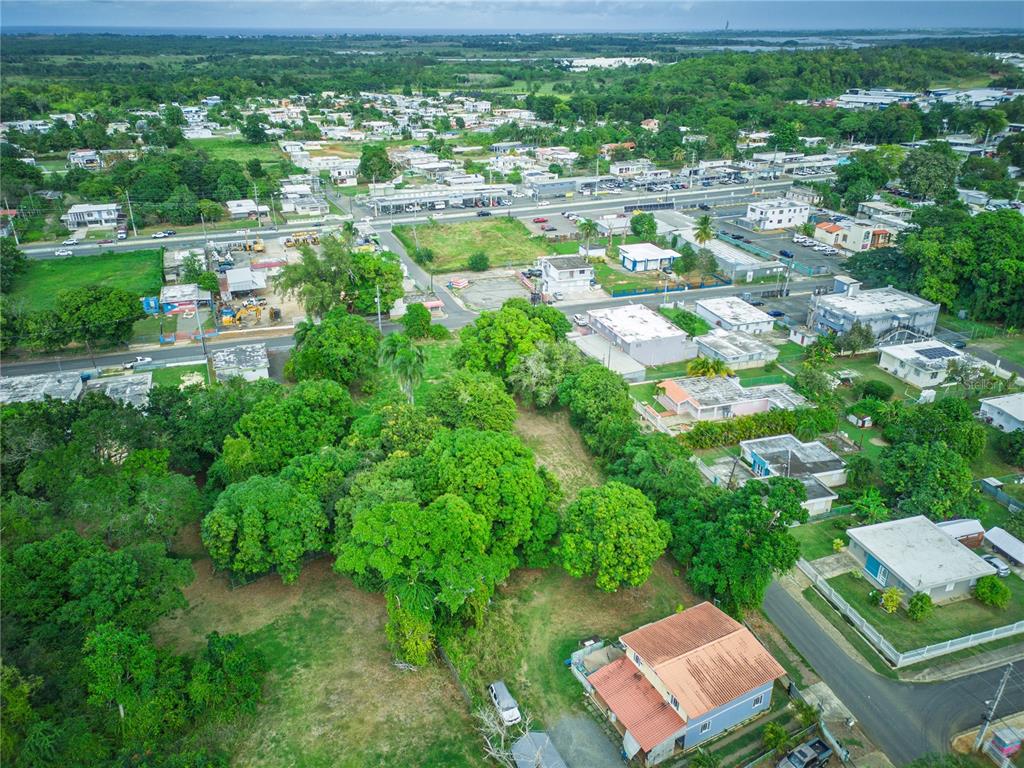 An aerial view shows a residential neighborhood with a large, tree-filled vacant lot — SR 662 SR 662 KM 1.9 SEC LOS LLANOS, ARECIBO, PR