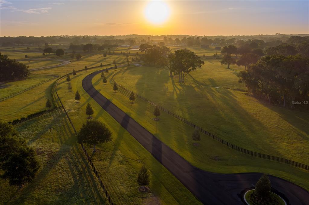 An aerial view shows a paved driveway winding through a large, grassy, tree-lined pasture — 11771 NW 50TH LANE ROAD, OCALA, FL