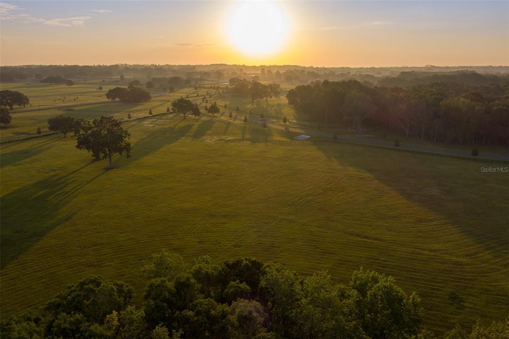 An aerial view of a large, grassy field with scattered trees at sunset — 11771 NW 50TH LANE ROAD, OCALA, FL