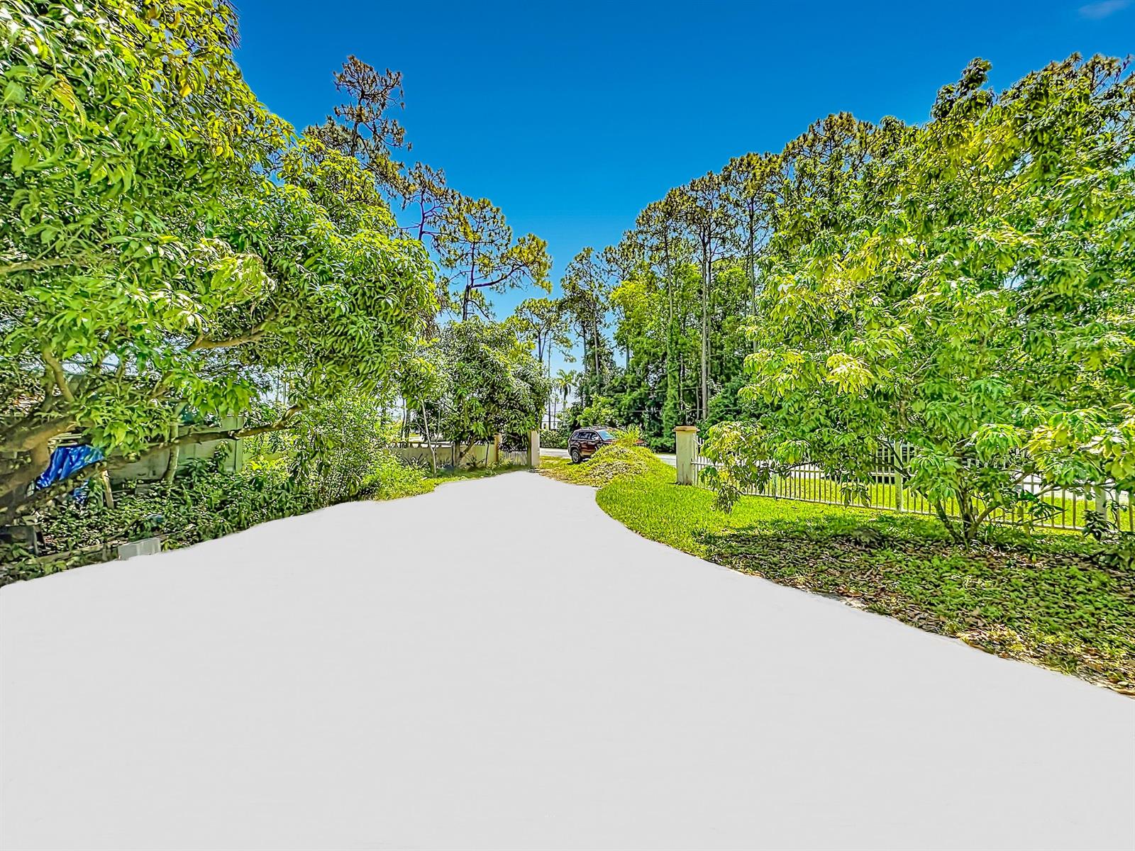 A paved driveway leads toward a gate surrounded by lush green trees and landscaping — 12821 N 86th Rd Road N, FL 33412, FL