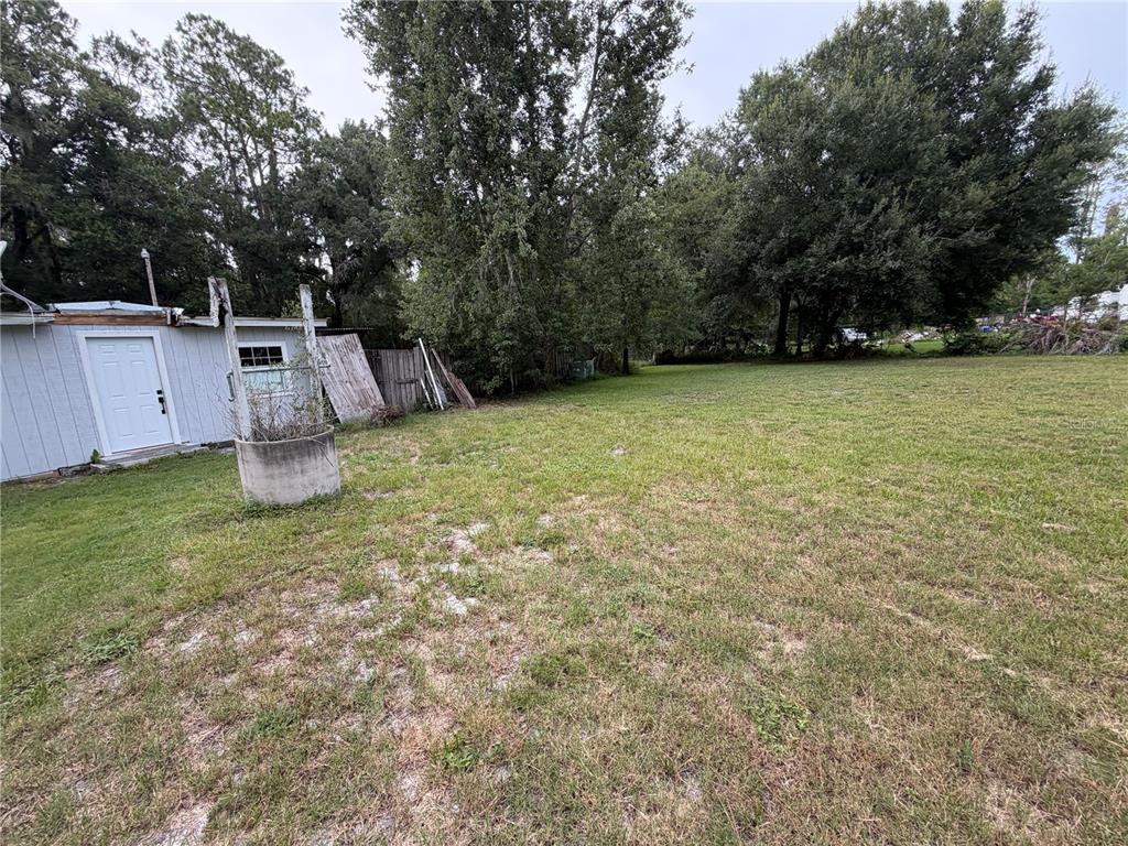 A grassy backyard features a small white shed and a concrete well casing — 6900 ANGUS VALLEY DRIVE, WESLEY CHAPEL, FL