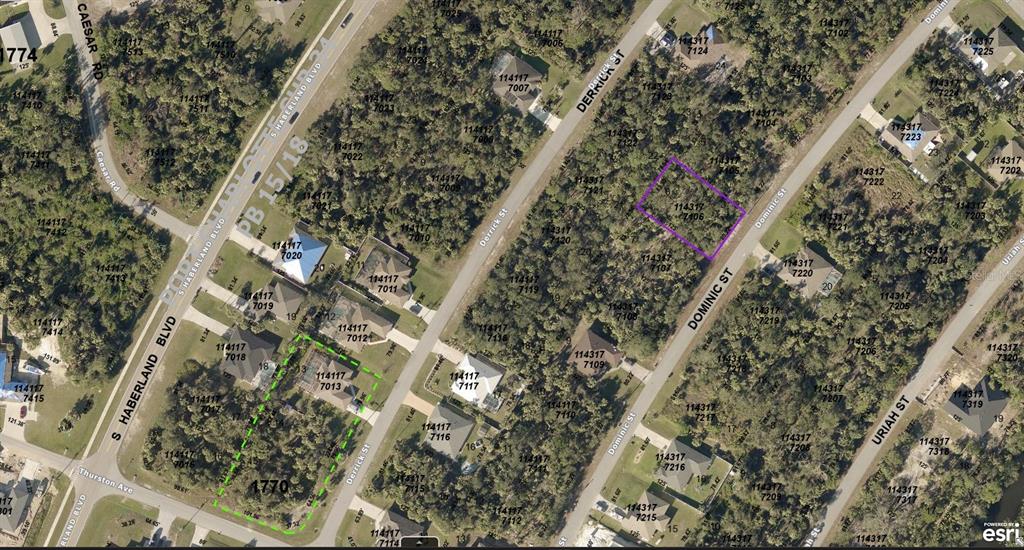 This is an aerial map showing residential lots and streets in a wooded neighborhood — 1143177106 DOMINIC STREET, NORTH PORT, FL