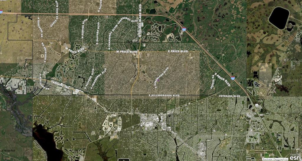 This is an aerial map showing the street layout and surrounding landscape of North Port — 1143177106 DOMINIC STREET, NORTH PORT, FL