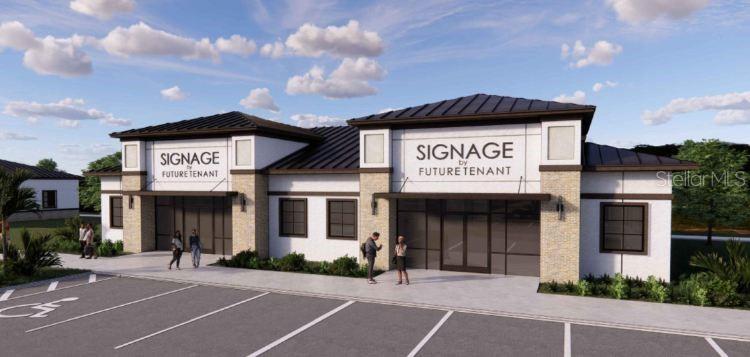 This is a digital rendering of a modern, single-story commercial building with a parking lot — 5034 OLD TAMPA HWY UNIT 06, KISSIMMEE, FL