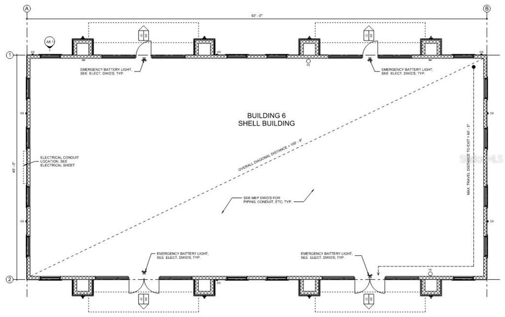 This architectural floor plan shows the layout of a rectangular shell building measuring 92 by 45 feet — 5034 OLD TAMPA HWY UNIT 06, KISSIMMEE, FL