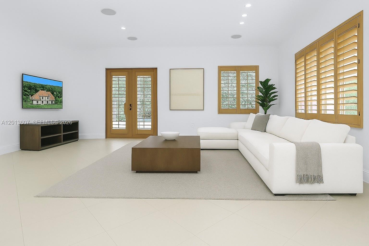 This is a digital rendering of a living room featuring a white sectional and shutters — 16763 NW 77th Path, Miami Lakes FL 33016, MIAMI LAKES, FL