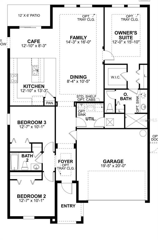 This is a floor plan for a single-story house with three bedrooms and a garage — 3078 MARINE GRASS DRIVE, WIMAUMA, FL