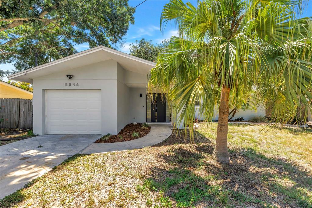 A single-story house with a white exterior, a one-car garage, and a palm tree — 5846 12TH STREET S, ST PETERSBURG, FL