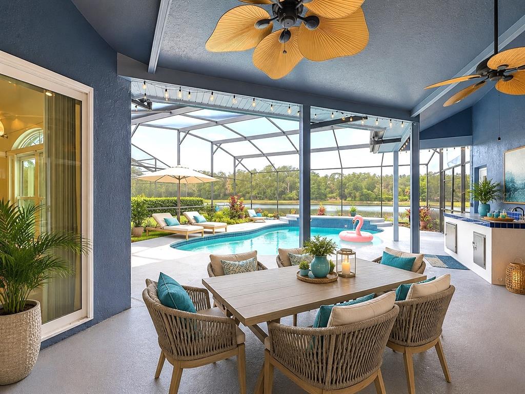 This floor plan shows a house layout featuring a pool, sunroom, four bedrooms, and garage — 1104 NEEDLEWOOD LOOP, OVIEDO, FL