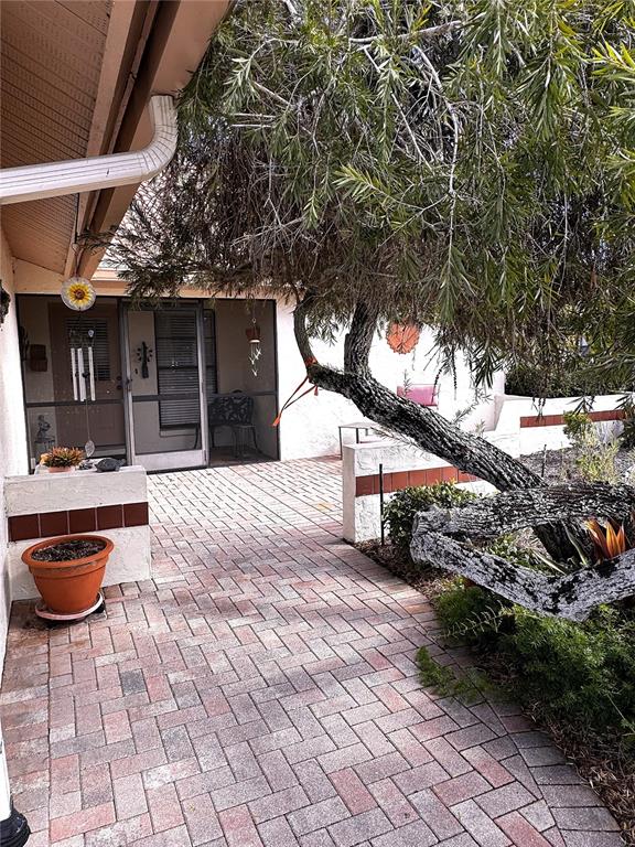 A paved patio area features a large, low-hanging tree and a screened-in entryway — 229 LAUREL HOLLOW DRIVE UNIT 83, NOKOMIS, FL