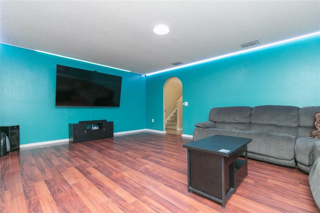 A living room features teal walls, wood-look flooring, a wall-mounted television, and a gray sofa — 9922 ASHBURN LAKE DRIVE, TAMPA, FL