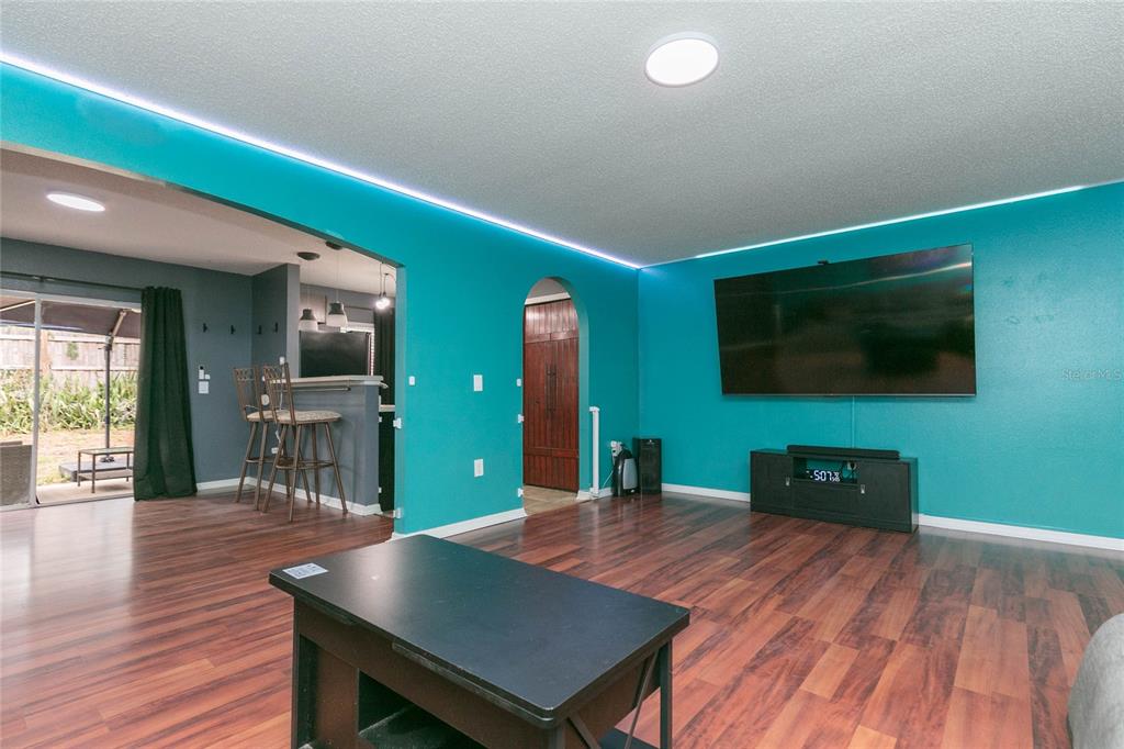 A living room features teal walls, wood-look flooring, a wall-mounted television, and an arched doorway — 9922 ASHBURN LAKE DRIVE, TAMPA, FL