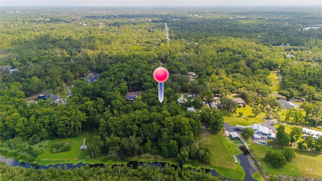 An aerial view shows a wooded lot with a pink location pin near a river — 325 STILLBROOK TRAIL, DELTONA, FL