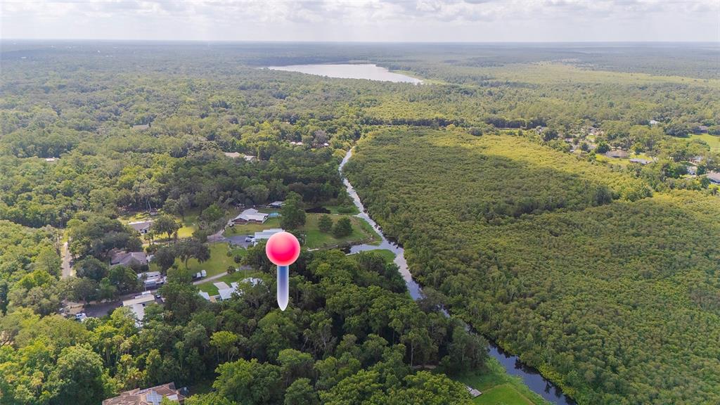 An aerial view shows a wooded residential area with a creek and a large lake — 325 STILLBROOK TRAIL, DELTONA, FL