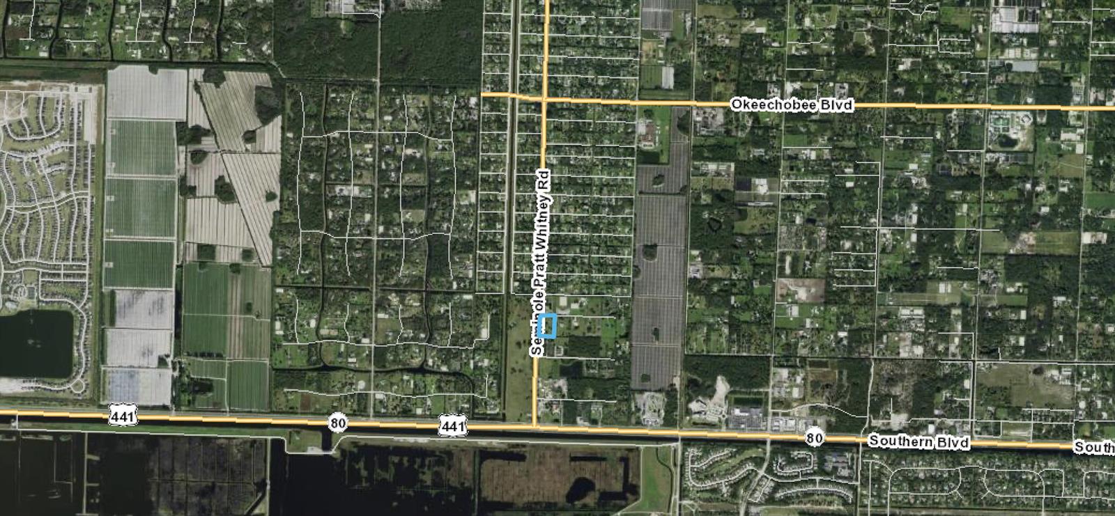 This is an aerial map showing a property highlighted in blue near Seminole Pratt Whitney Road — 16650 Velazquez Boulevard, Loxahatchee FL 33470, LOXAHATCHEE, FL
