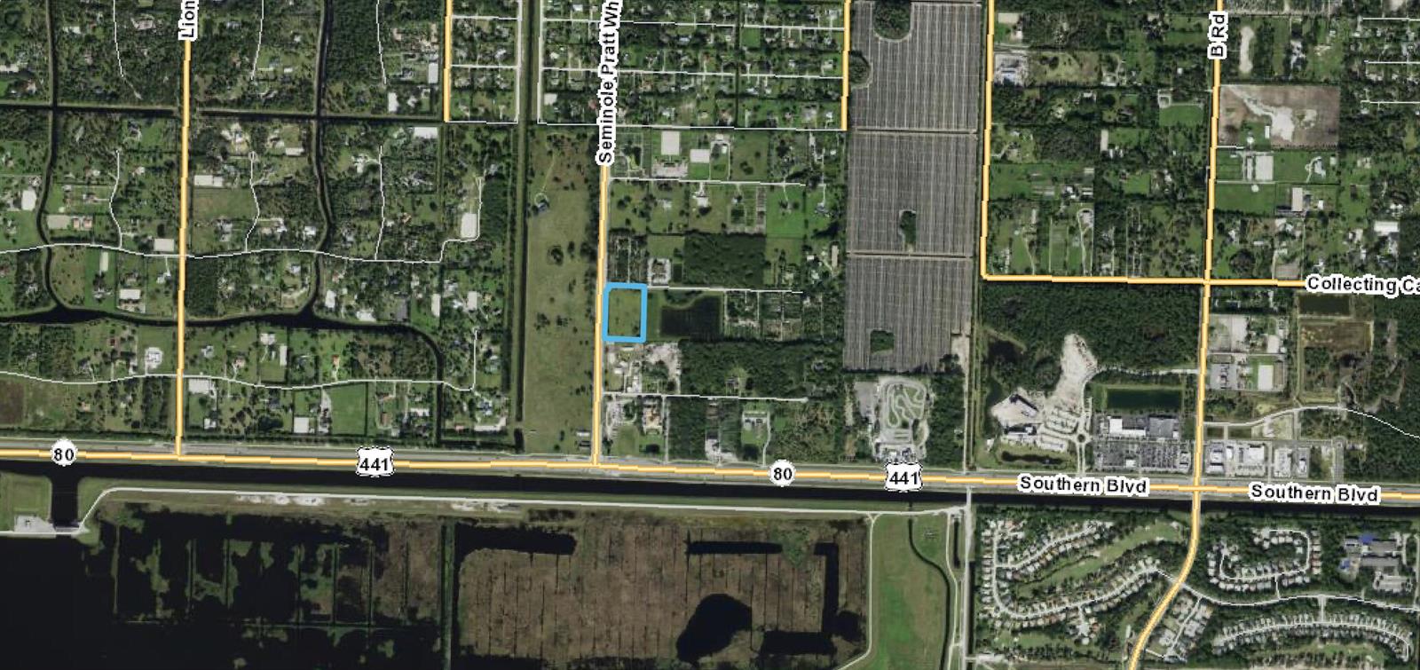 An aerial map view showing a highlighted rectangular property lot near a major intersection — 16650 Velazquez Boulevard, Loxahatchee FL 33470, LOXAHATCHEE, FL