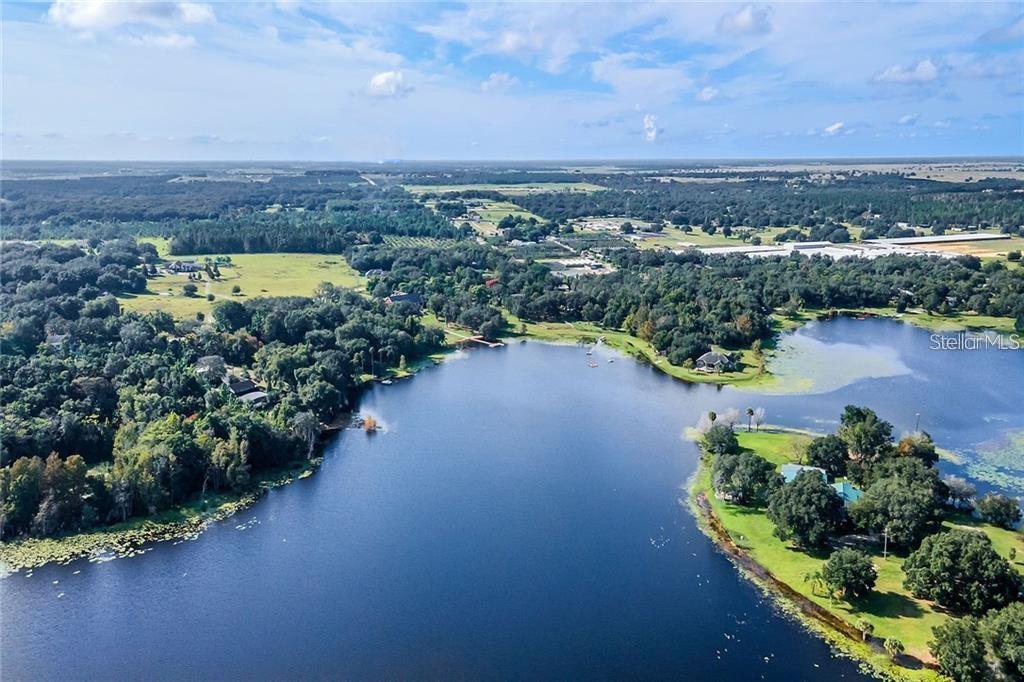 An aerial view shows a large lake surrounded by dense trees and grassy residential lots — 3421 REX DRIVE, WINTER GARDEN, FL